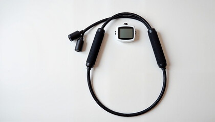 Fitness resistance band with digital timer on white background for workout and exercise