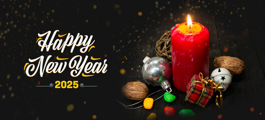 Happy New year 2025 celebration banner with red candlelight on dark room background