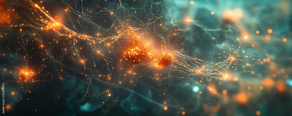 Fototapete A surreal abstract network of connected nodes, representing digital communication and data exchange, glowing against a futuristic tech backdrop
