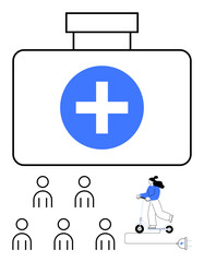 First aid kit with cross six human figures, person on electric scooter. Ideal for healthcare, community, mobility, safety, emergency preparedness, public health, urban transport. Line metaphor