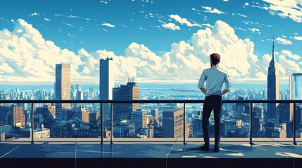  A visionary entrepreneur leaning against a railing on a rooftop terrace, looking at the skyline, 
with a hopeful gaze