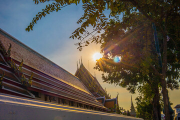Picture of pagodas in Wat Pho in Bangkok, Thailand, one of Thailand's oldest temples.