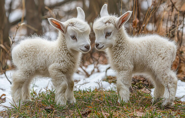 Fototapeta premium Two cute lambs playing in a meadow. Two fluffy lambs are curiously interacting in a snowy meadow, showcasing their playful nature and innocence.