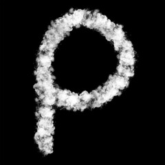 The letter "P" of the English alphabet made by Sky or Cloud effect, White color, Fog or smoke isolated on black background,  Mist or smog Special effect, Illustration design, Alphabet A-Z