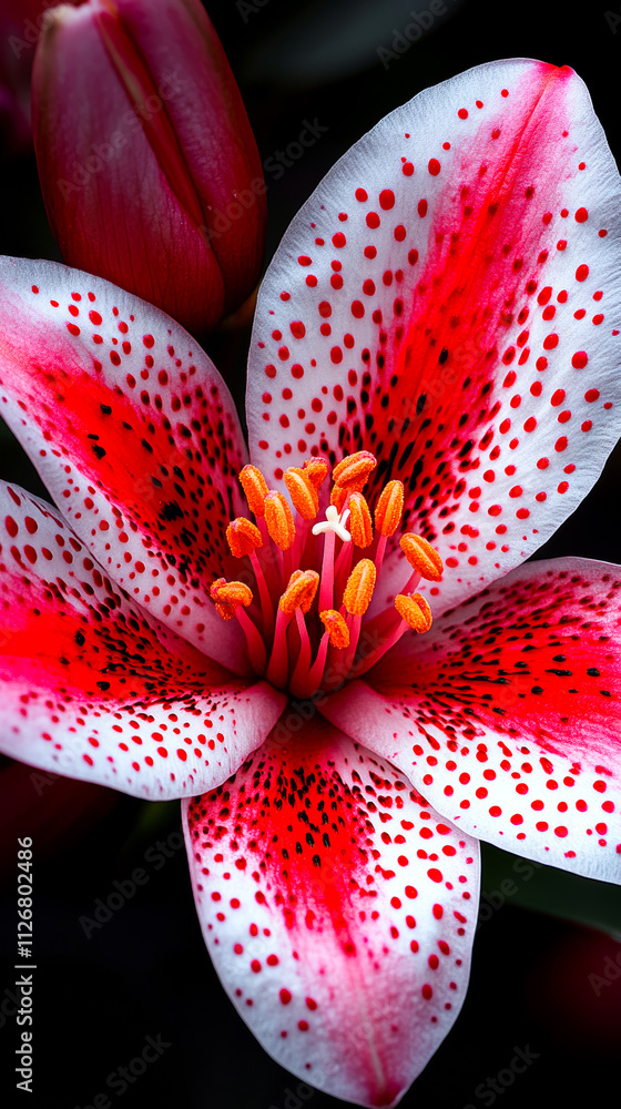Poster vivid red and white lily blooms. a stunning close-up of a red and white lily displaying intricate pe