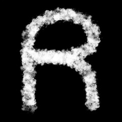 The letter "R" of the English alphabet made by Sky or Cloud effect, White color, Fog or smoke isolated on black background,  Mist or smog Special effect, Illustration design, Alphabet A-Z