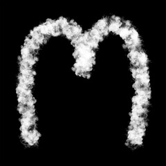 The letter "M" of the English alphabet made by Sky or Cloud effect, White color, Fog or smoke isolated on black background,  Mist or smog Special effect, Illustration design, Alphabet A-Z