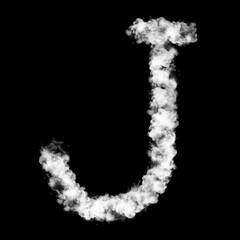 The letter "J" of the English alphabet made by Sky or Cloud effect, White color, Fog or smoke isolated on black background,  Mist or smog Special effect, Illustration design, Alphabet A-Z