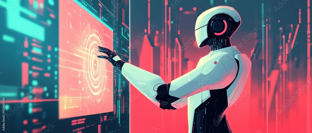 Aufkleber futuristic robot interacting with advanced holographic interface