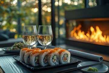 A plate of sushi with two glasses of wine on a table