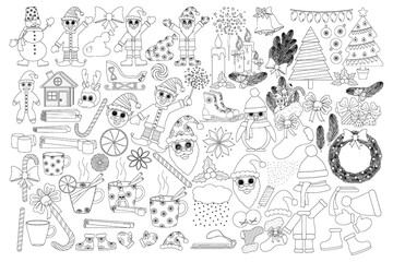 A detailed Christmas-themed coloring page featuring Santa Claus, elves, snowmen, holiday decorations, and festive items.