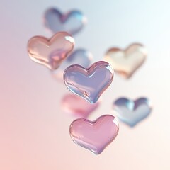 Fototapeta premium Floating pastel glass hearts positioned to the left on a neutral gradient background, leaving the right side open for text.