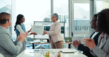 Business people, team applause and ceo with award for congratulations, excellence and certificate....