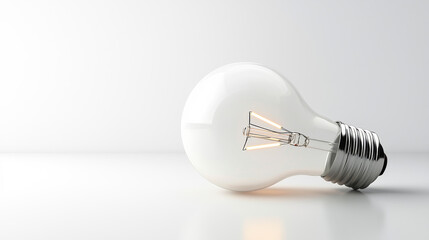 Illuminating light bulb on a white background. Bright light bulb resting on a smooth, white surface, showcasing its design and glowing filament.