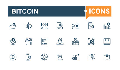 Bitcoin vector line icon set. Featuring virtual, trade, cash, deposit, investment, value, payment and more. Simple web icons. Vector outline and solid icons collection.