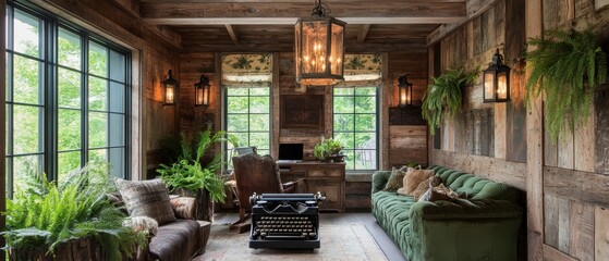 Rustic and Cozy Cabin Interior with Lush Greenery