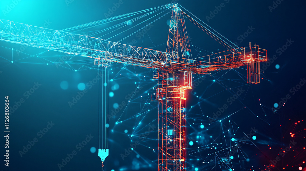 Poster a stylized construction crane icon with data streams representing online project management, buildin