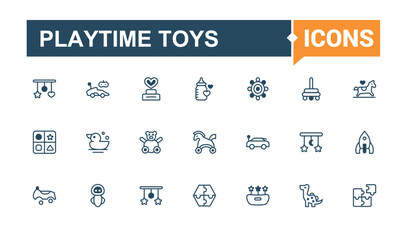 Playtime Toys icons in linear style. Includes icons for balloon, robot, bicycle, bear, symbol, icon, duck, art. Minimalistic web and UI icons. Vector line and solid icons.