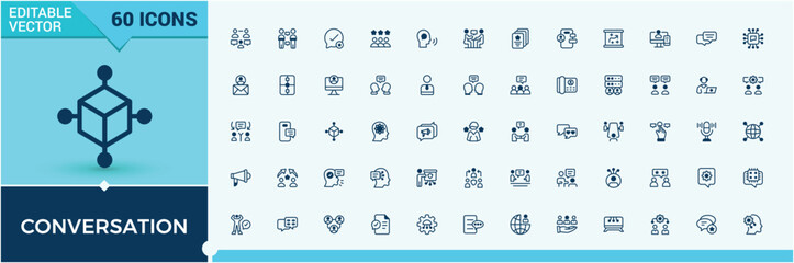 Conversation icon set. Featuring map, page, phone, mobile, communication, info, 5on and more. Flat UI icon design. Vector line and solid icons.