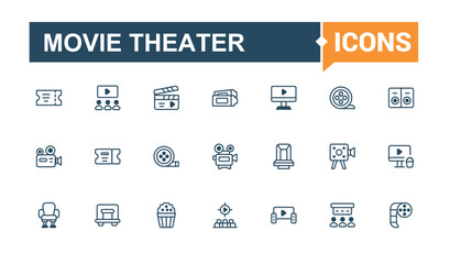 Movie Theater thin line icon set. Contains related to multimedia, cinematography, theater, entertainment, screen, film and more. Pixel perfect.