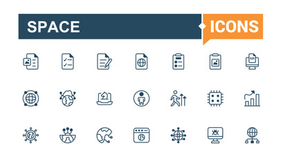 Cyber space icons in linear style. Related to moon, art, astronomy, space, rocket, ufo, virtual and more. Modern thin icons. Solid line editable vector illustration.
