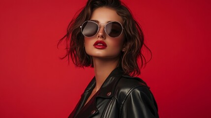 fashion model in sunglasses, beautiful young woman. leather jacket, studio shot, red background