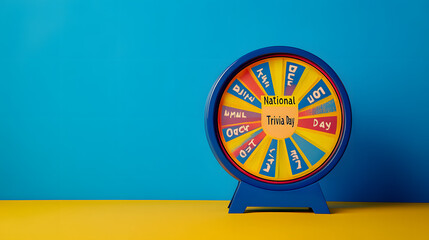 A colorful trivia wheel sits on a yellow surface with the words "National Trivia Day" on a blue background.