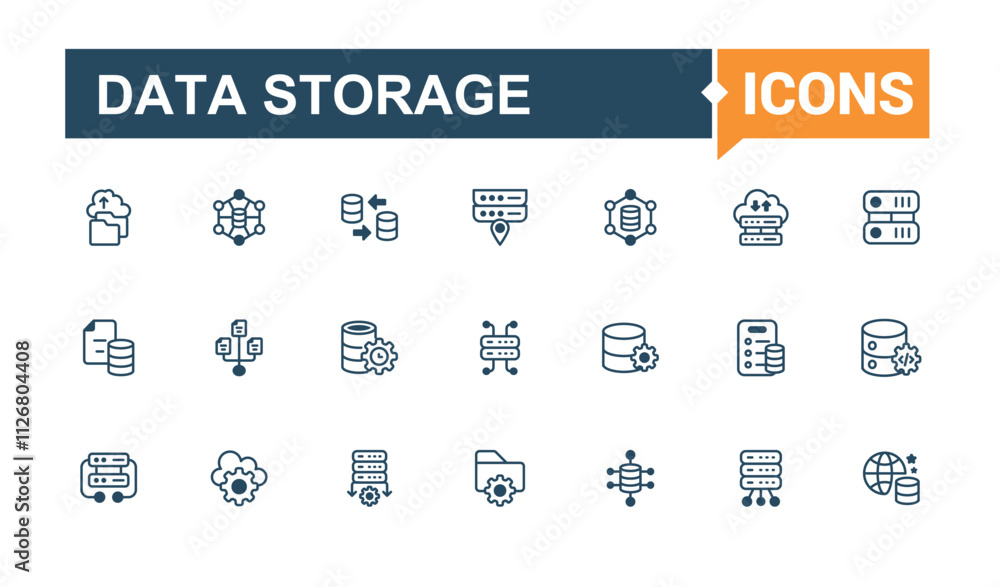 Poster data storage thin line icon set. containing computer, database, global, business, information, syste