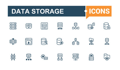 Data Storage thin line icon set. Containing computer, database, global, business, information, system, dev and more. Thin linear style icons. Solid line editable vector illustration.