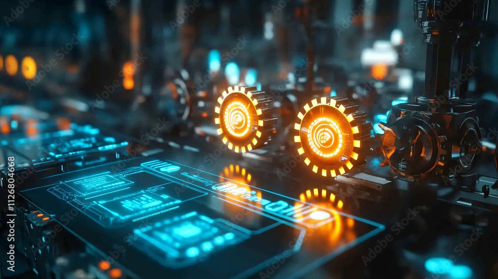 Poster a stylized factory icon with glowing gears and data streams representing automation, real-time produ