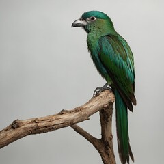 Fototapeta premium Quetzal. A colorful parrot perched on a branch on a white background. A bright turquoise bird perched on a shell-covered branch, set against a soft white background of nature 