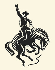 Hand drawn cowboy riding wild horse in motion during rodeo event. Competition, extreme sport emblem symbol
