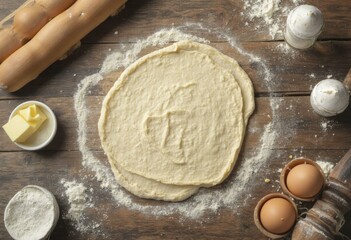 Fototapeta premium Wooden table with two rolled-out doughs, flour, butter, eggs, rolling pins, and utensils, evoking a kitchen scene