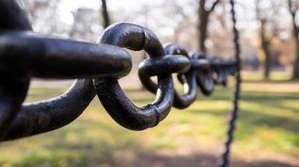 Close-up of an iron chain fence enclosing a park under soft daylight.