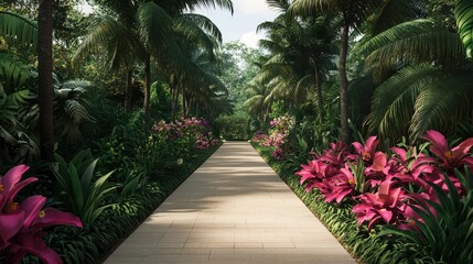 A serene, lush pathway lined with vibrant flowers and tropical plants, inviting exploration through a green paradise.