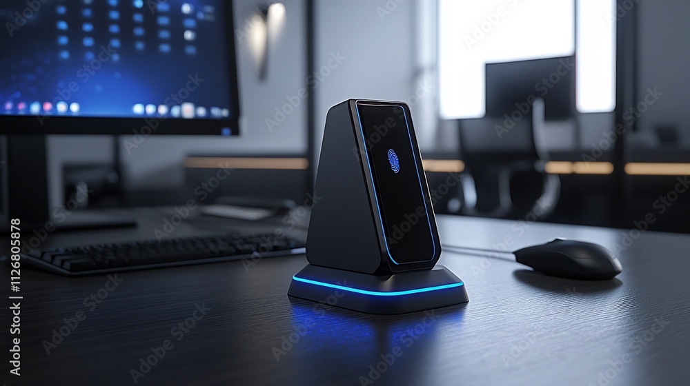 Poster closeup of a sleek fingerprint scanner glowing blue on a minimalist office desk highlighting advance