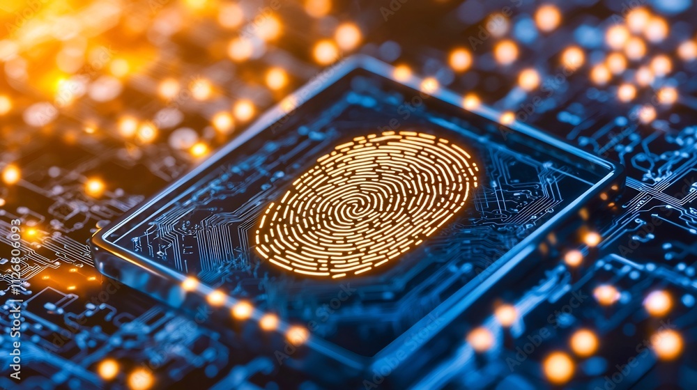 Poster close up photograph of a sleek and modern futuristic biometric fingerprint scanner embedded in a gla