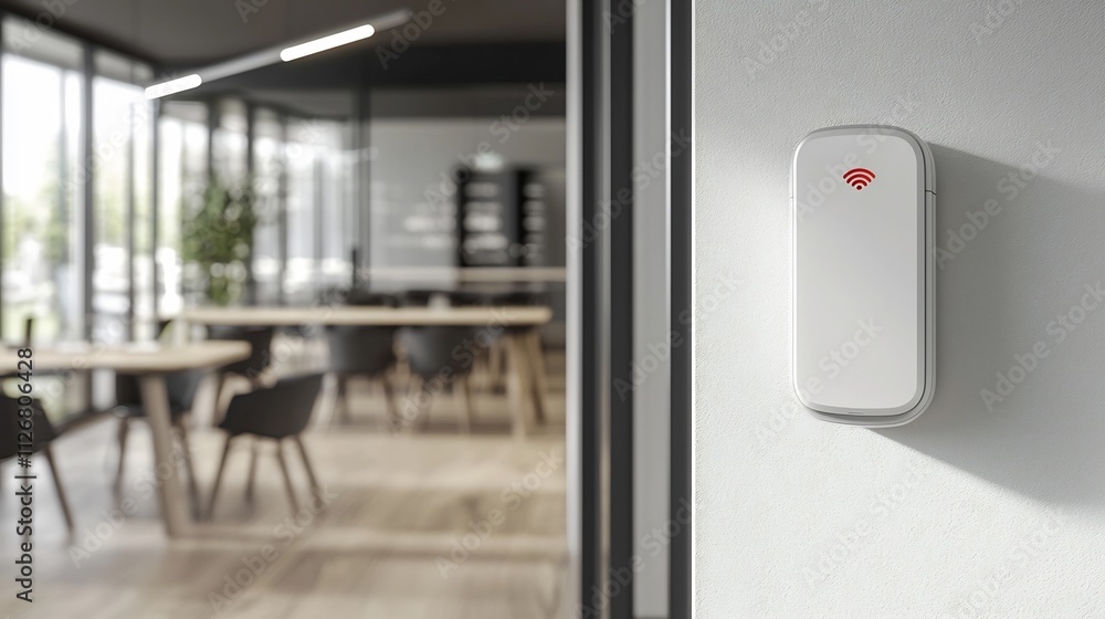 Poster detailed photograph of a wall mounted fingerprint scanner designed for secure access in a corporate 