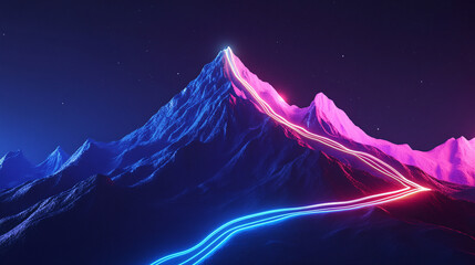 A stylized mountain icon with glowing trails representing travel data, online booking platforms, and adventure tech. 