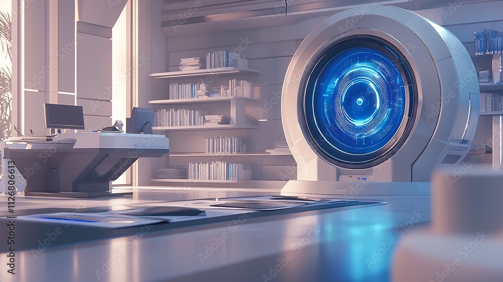 Poster sophisticated iris scanner with a sleek futuristic holographic interface displaying advanced biometr