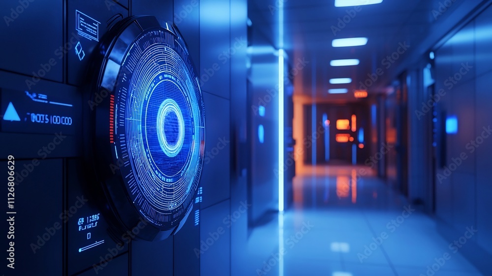 Poster a futuristic iris recognition device glowing with a holographic display projecting real time data mo