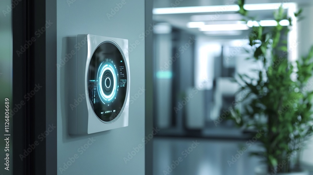 Poster futuristic iris recognition device glowing with a hologram projecting real time data mounted on a wa