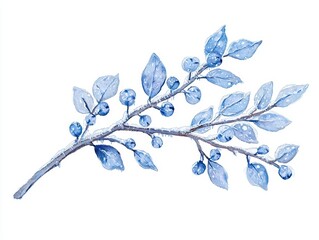 A delicate blue branch with leaves and berries, showcasing a serene and artistic representation of nature.