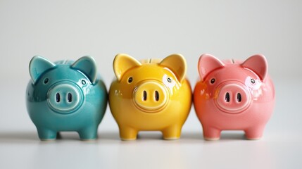 Three colorful piggy banks in teal, yellow, and pink arranged in a row, symbolizing saving and personal finance.