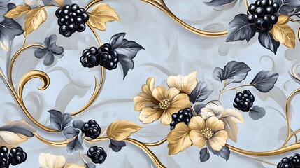Elegant Gold Vines Blackberries and Flowers Design