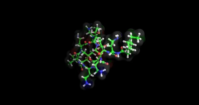 Colistin/ polymyxin E, last-resort drug for multidrug-resistant bacteria,3D molecule spinning, 4k