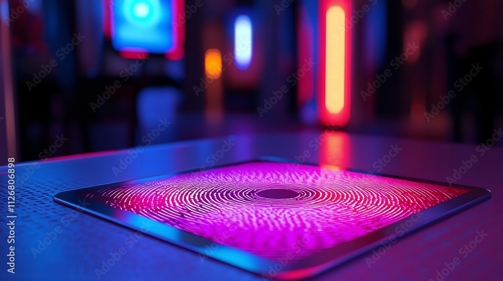Poster close up view of a sophisticated iris scanner device paired with a floating holographic screen showc