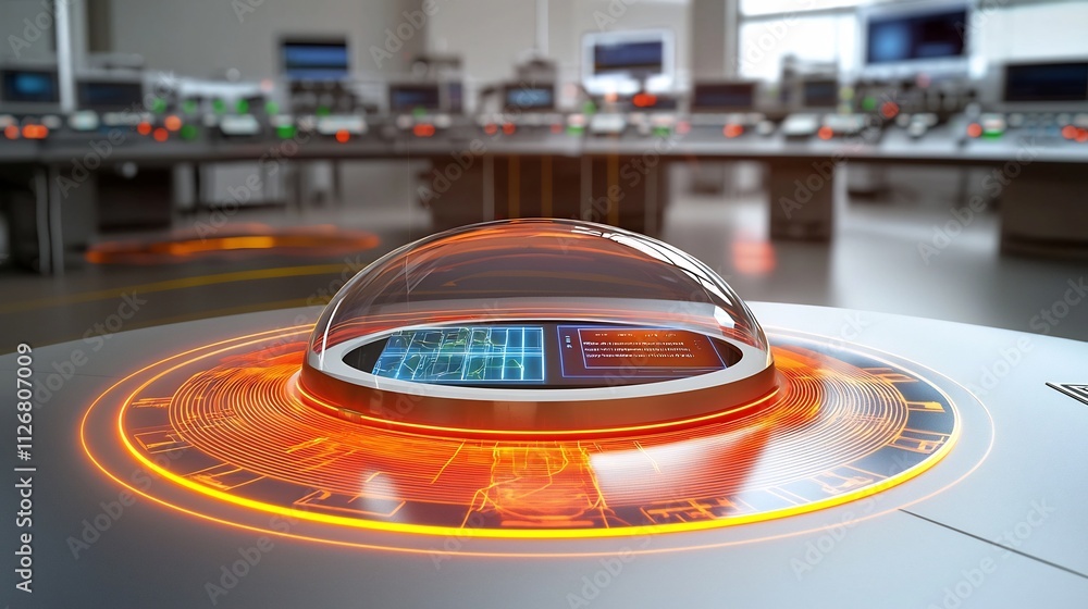 Poster A photograph of an advanced heat detector with a holographic interface displaying real time temperature data set in a modern control room environment with ample copy space for various applications