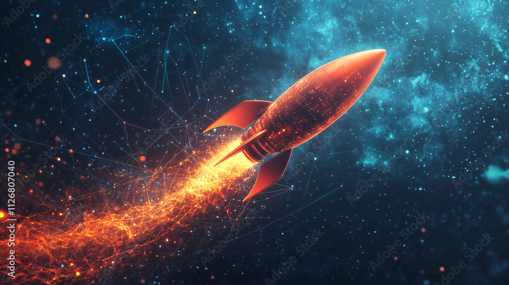 Poster a stylized rocket icon with data streams trailing behind, symbolizing startup growth, digital innova