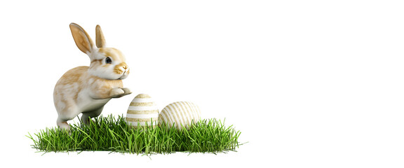 easter bunny with easter egg on grass in 3d rendering isolated on white